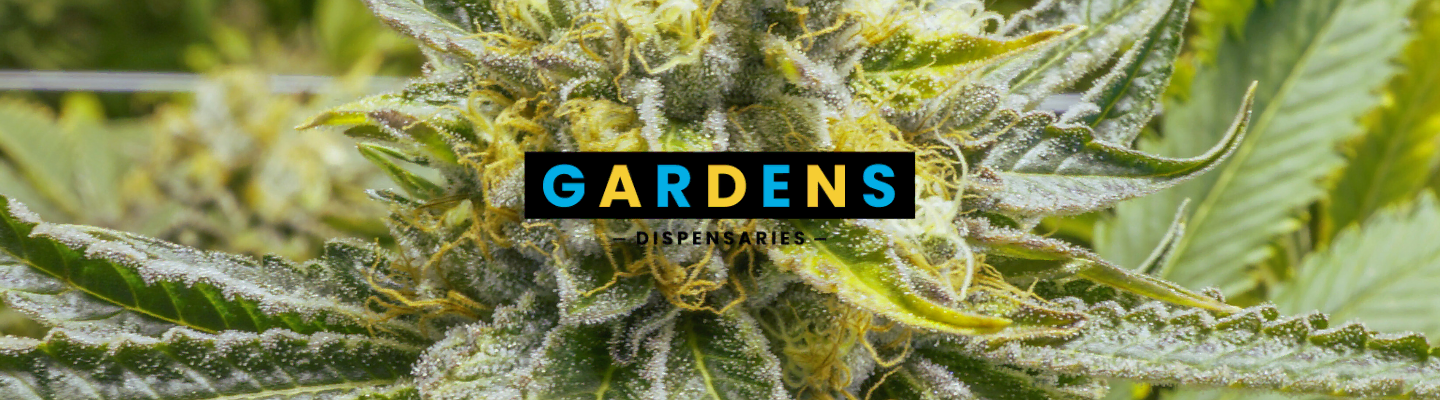 Cannabis flower buds with Gardens Dispensaries logo overlay